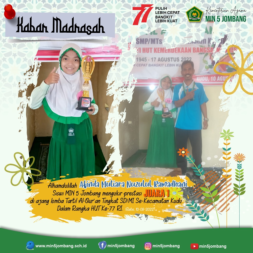 Alhamdulillah Siswi MIN 5 Jombang Mengukir Prestasi Juara 1 Di Ajang Lomba Tartil Al-Qur'an Tingkat SD/MI Se-Kecamatan Kudu Dalam Rangka HUT Ke-77 RI